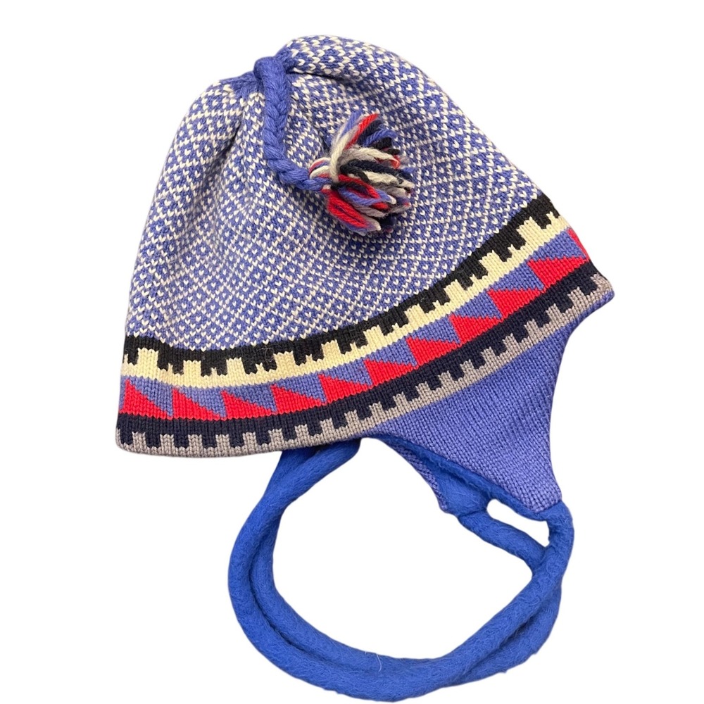 Turtle Fur Earflap Hat Kids One Size Blue Knit Fleece Lined Pom Pom Fair Isle
